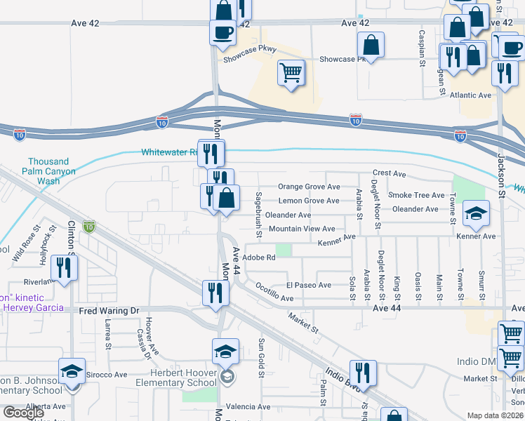 map of restaurants, bars, coffee shops, grocery stores, and more near 82156 Oleander Avenue in Indio