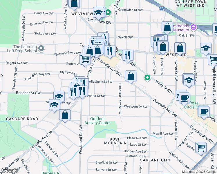 map of restaurants, bars, coffee shops, grocery stores, and more near 1400 Allegheny Street Southwest in Atlanta
