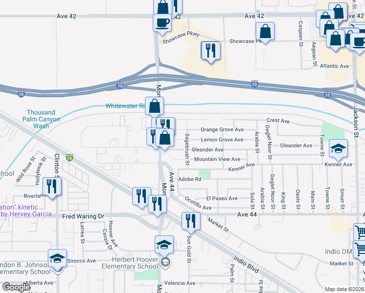 map of restaurants, bars, coffee shops, grocery stores, and more near 82118 Oleander Avenue in Indio