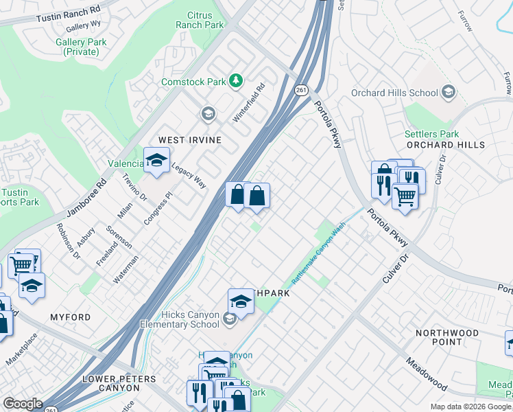 map of restaurants, bars, coffee shops, grocery stores, and more near 57 Modesto in Irvine