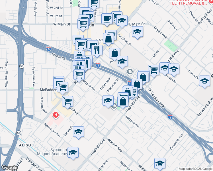 map of restaurants, bars, coffee shops, grocery stores, and more near 14102 Carfax Avenue in Tustin