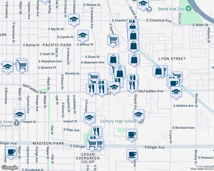 map of restaurants, bars, coffee shops, grocery stores, and more near 1025 South Minnie Street in Santa Ana