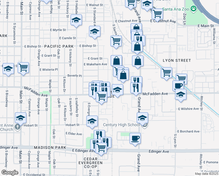 map of restaurants, bars, coffee shops, grocery stores, and more near 1025 South Minnie Street in Santa Ana