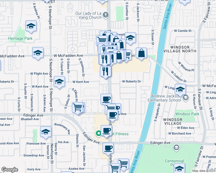 map of restaurants, bars, coffee shops, grocery stores, and more near 905 South Harbor Boulevard in Santa Ana