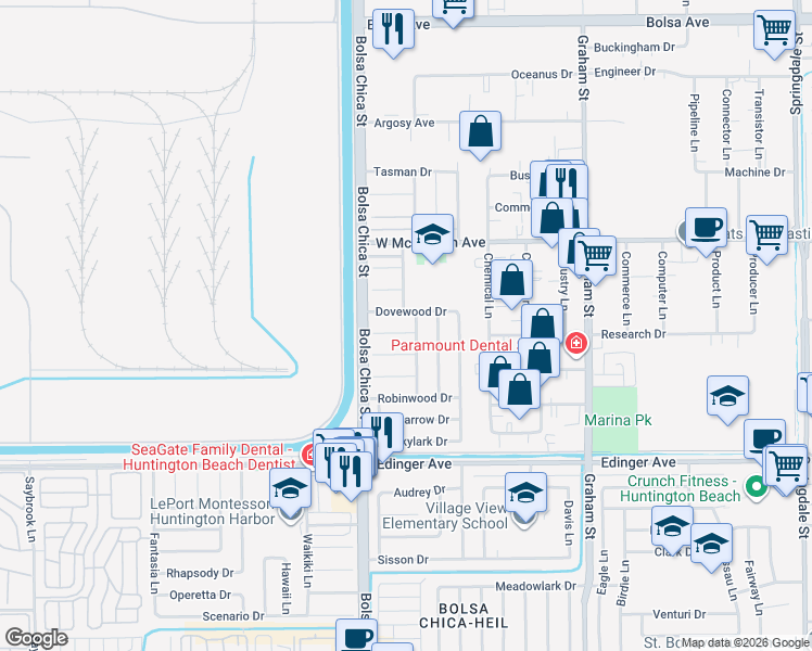 map of restaurants, bars, coffee shops, grocery stores, and more near 5121 Dovewood Drive in Huntington Beach