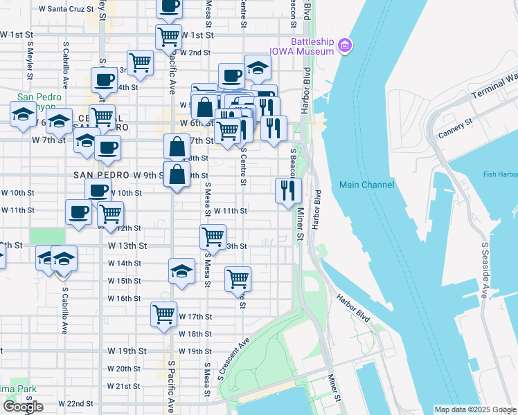 map of restaurants, bars, coffee shops, grocery stores, and more near 255 West 10th Street in Los Angeles