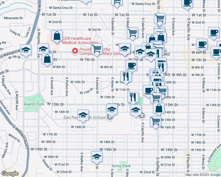 map of restaurants, bars, coffee shops, grocery stores, and more near 1011 West 11th Street in Los Angeles