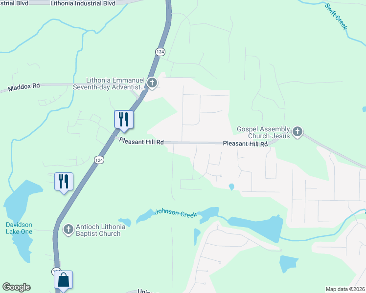 map of restaurants, bars, coffee shops, grocery stores, and more near 7483 Pleasant Hill Road in Lithonia