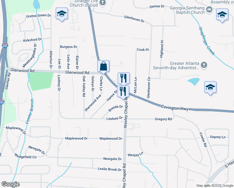 map of restaurants, bars, coffee shops, grocery stores, and more near 4253 Hanes Drive in Decatur