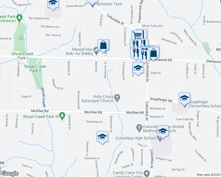 map of restaurants, bars, coffee shops, grocery stores, and more near 1819 Rosewood Road in Decatur