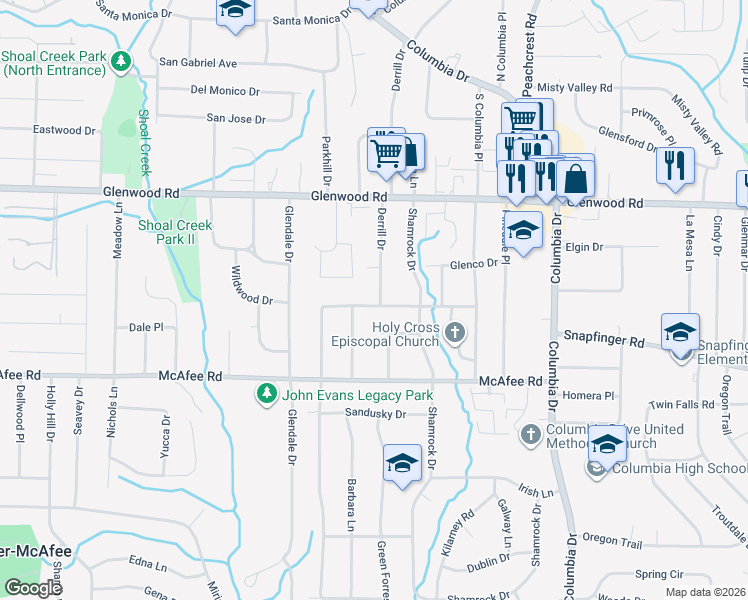map of restaurants, bars, coffee shops, grocery stores, and more near 1908 Derrill Drive in Decatur