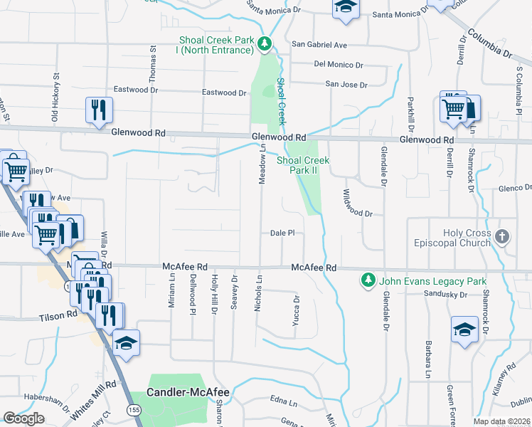 map of restaurants, bars, coffee shops, grocery stores, and more near 1887 Creekside Court in Decatur