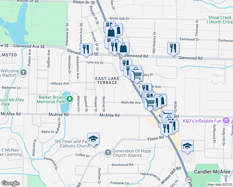 map of restaurants, bars, coffee shops, grocery stores, and more near 1925 Cannon Street in Decatur