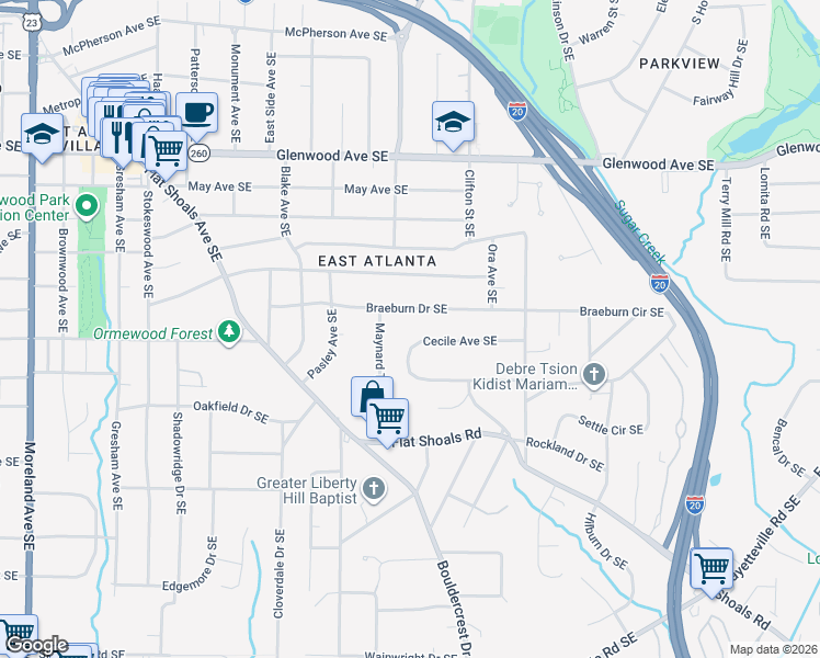 map of restaurants, bars, coffee shops, grocery stores, and more near 1625 Braeburn Drive Southeast in Atlanta