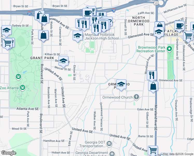 map of restaurants, bars, coffee shops, grocery stores, and more near 882 Vera Street Southeast in Atlanta