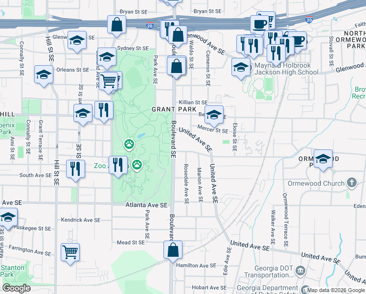 map of restaurants, bars, coffee shops, grocery stores, and more near 706 Boulevard Southeast in Atlanta