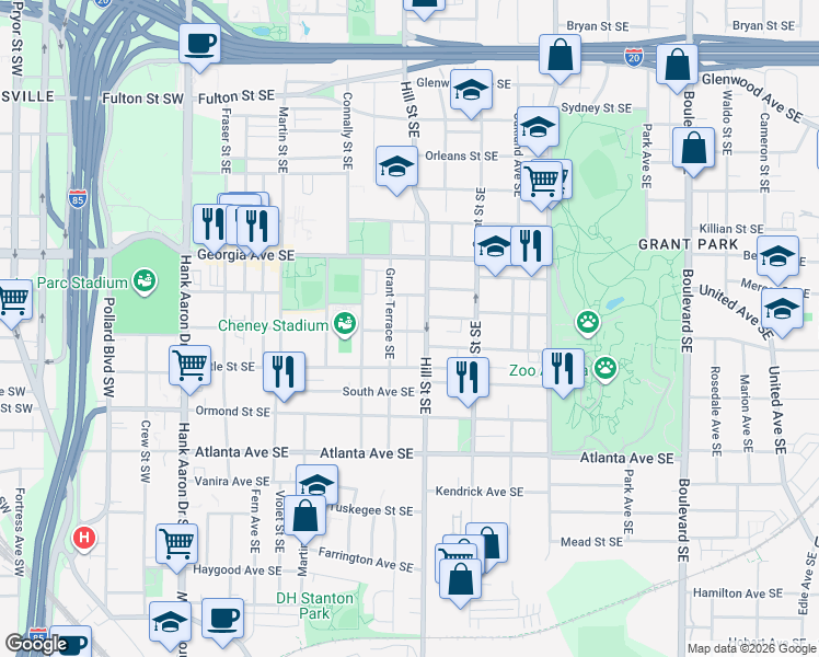 map of restaurants, bars, coffee shops, grocery stores, and more near 738 Woodson Street Southeast in Atlanta