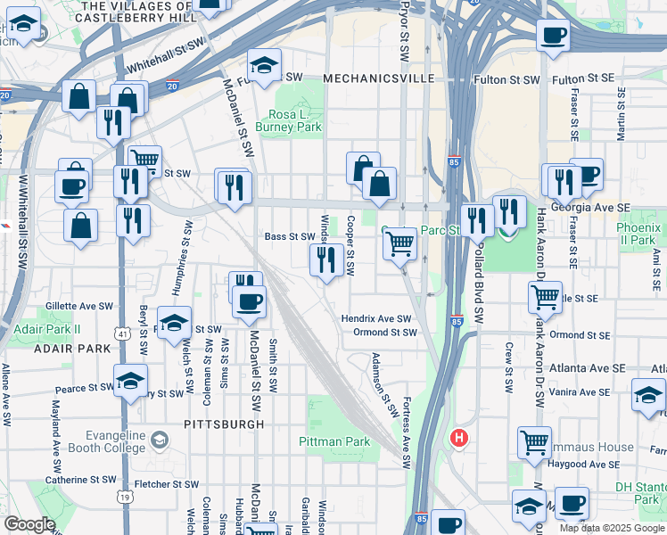 map of restaurants, bars, coffee shops, grocery stores, and more near 723 Cooper Street Southwest in Atlanta