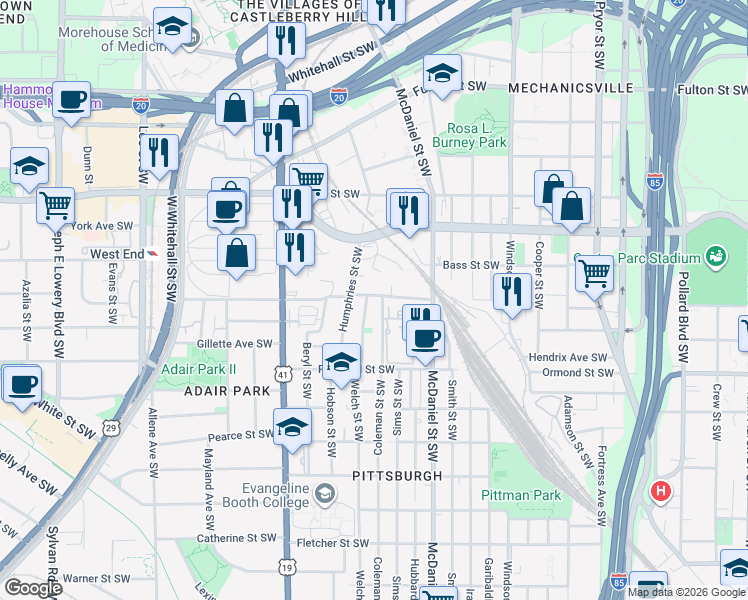map of restaurants, bars, coffee shops, grocery stores, and more near 489 Stephens Street Southwest in Atlanta