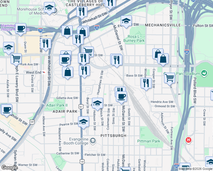 map of restaurants, bars, coffee shops, grocery stores, and more near 489 Stephens Street Southwest in Atlanta