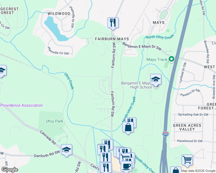 map of restaurants, bars, coffee shops, grocery stores, and more near 751 Fairburn Road Southwest in Atlanta