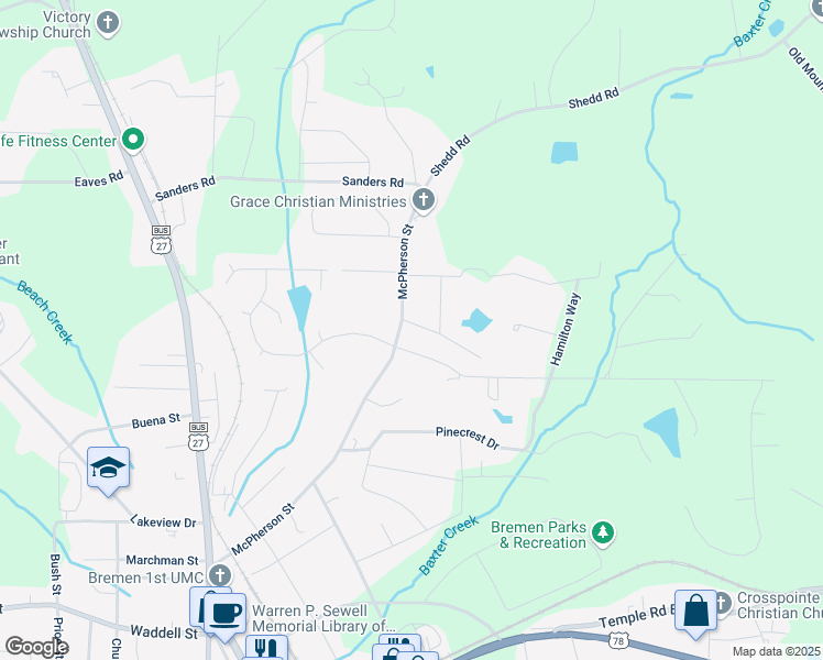 map of restaurants, bars, coffee shops, grocery stores, and more near 623 McPherson Street in Bremen