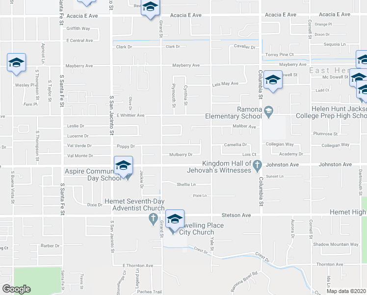 map of restaurants, bars, coffee shops, grocery stores, and more near 40603 Poppy Drive in Hemet