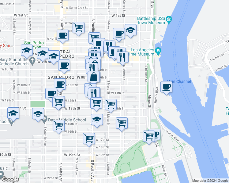 map of restaurants, bars, coffee shops, grocery stores, and more near 362 West 11th Street in Los Angeles