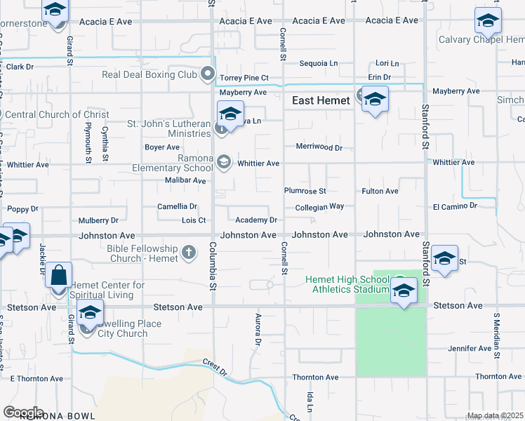 map of restaurants, bars, coffee shops, grocery stores, and more near 41179 Collegian Way in Hemet