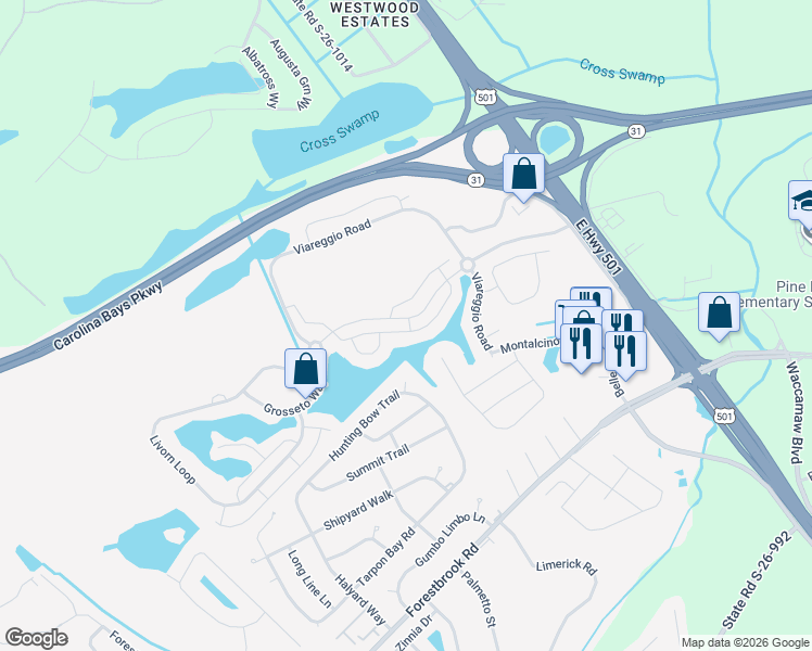 map of restaurants, bars, coffee shops, grocery stores, and more near 604 Pistoia Lane in Myrtle Beach