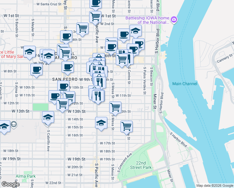 map of restaurants, bars, coffee shops, grocery stores, and more near 399 West 10th Street in Los Angeles