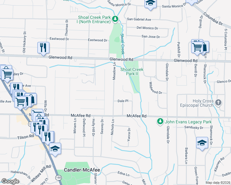 map of restaurants, bars, coffee shops, grocery stores, and more near 1887 Creekside Court in Decatur