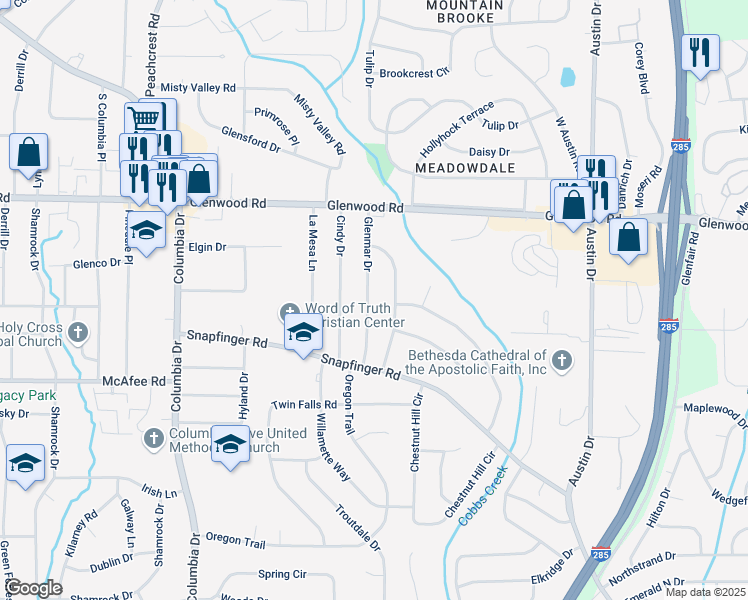 map of restaurants, bars, coffee shops, grocery stores, and more near 1924 Glenmar Drive in Decatur