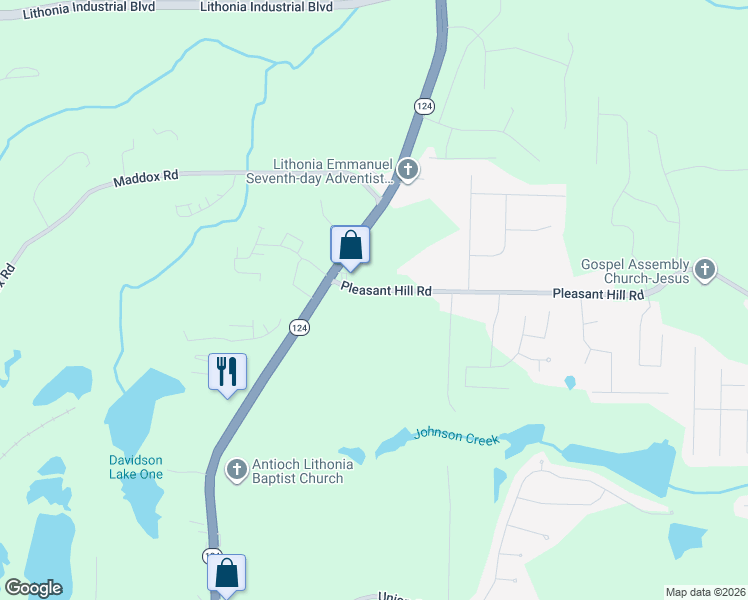 map of restaurants, bars, coffee shops, grocery stores, and more near 7374 Pleasant Hill Road in Lithonia