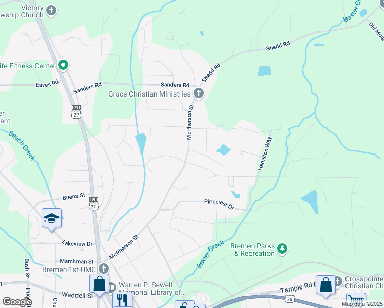 map of restaurants, bars, coffee shops, grocery stores, and more near 623 McPherson Street in Bremen