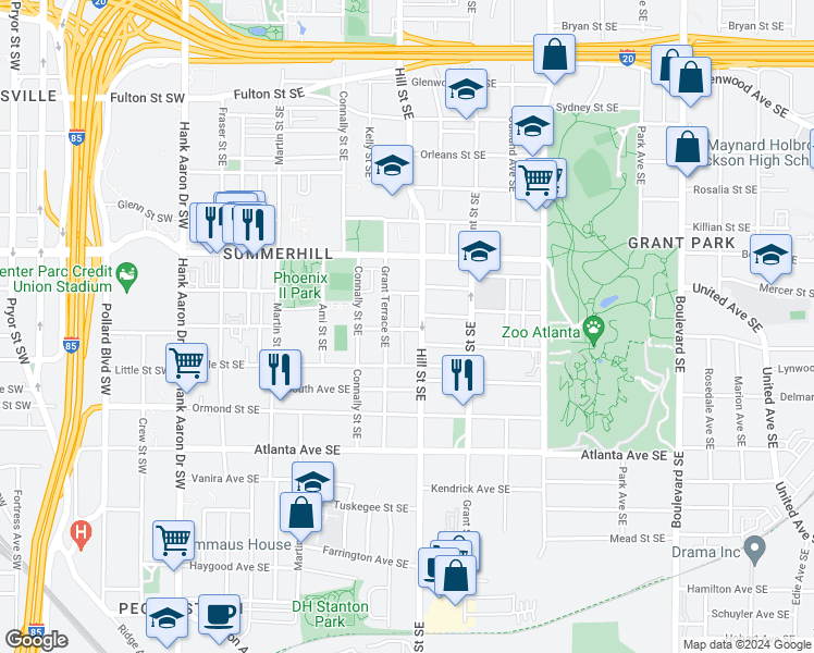 map of restaurants, bars, coffee shops, grocery stores, and more near 738 Woodson Street Southeast in Atlanta