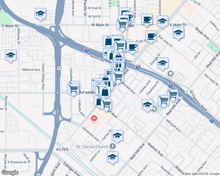 map of restaurants, bars, coffee shops, grocery stores, and more near 14225 Newport Avenue in Tustin