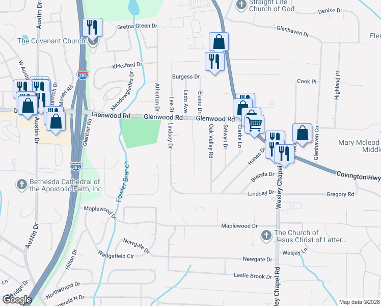 map of restaurants, bars, coffee shops, grocery stores, and more near 4088 Thetford Court in Decatur