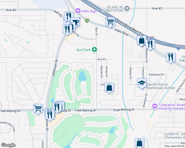map of restaurants, bars, coffee shops, grocery stores, and more near 80729 Braemar Court in Indio