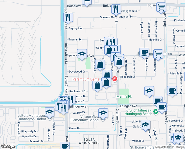 map of restaurants, bars, coffee shops, grocery stores, and more near 15652 Chemical Lane in Huntington Beach