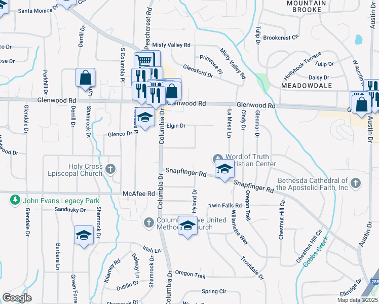 map of restaurants, bars, coffee shops, grocery stores, and more near 3427 Springlake Drive in Decatur
