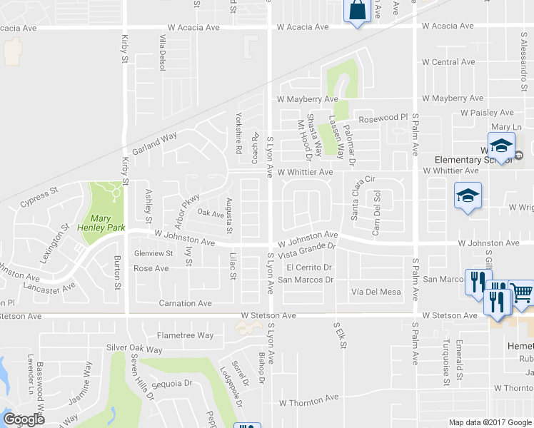 map of restaurants, bars, coffee shops, grocery stores, and more near 833 South Lyon Avenue in Hemet