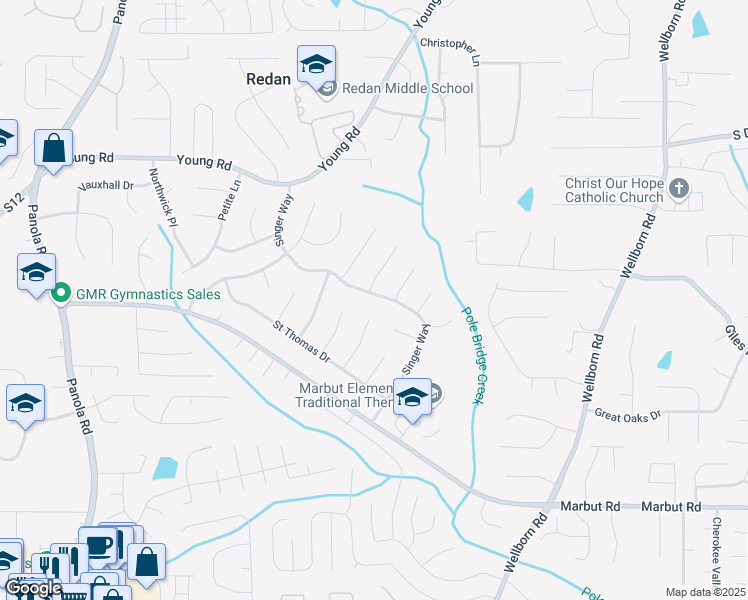 map of restaurants, bars, coffee shops, grocery stores, and more near 1967 Singer Way in Lithonia