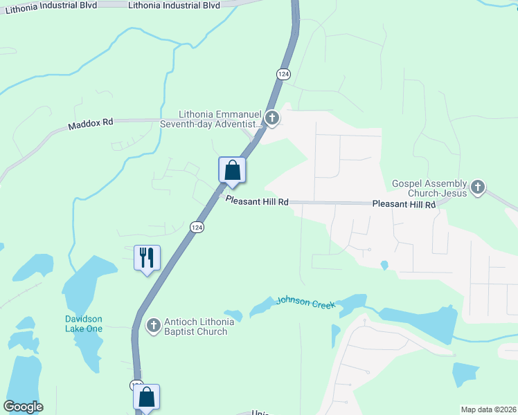 map of restaurants, bars, coffee shops, grocery stores, and more near 7394 Pleasant Hill Road in Lithonia