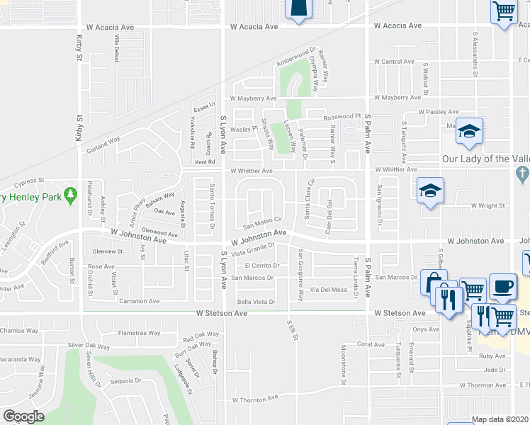 map of restaurants, bars, coffee shops, grocery stores, and more near 120 Santa Paula Drive in Hemet