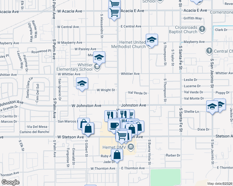 map of restaurants, bars, coffee shops, grocery stores, and more near 811 South State Street in Hemet