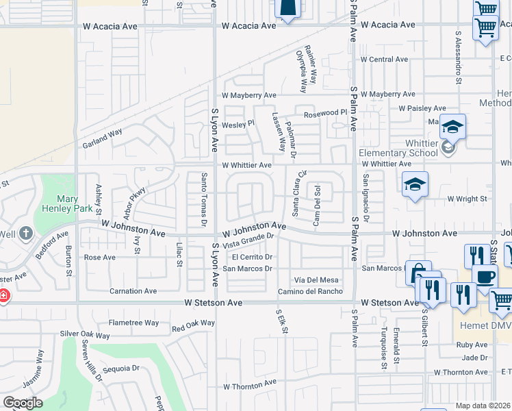 map of restaurants, bars, coffee shops, grocery stores, and more near 120 Santa Paula Drive in Hemet