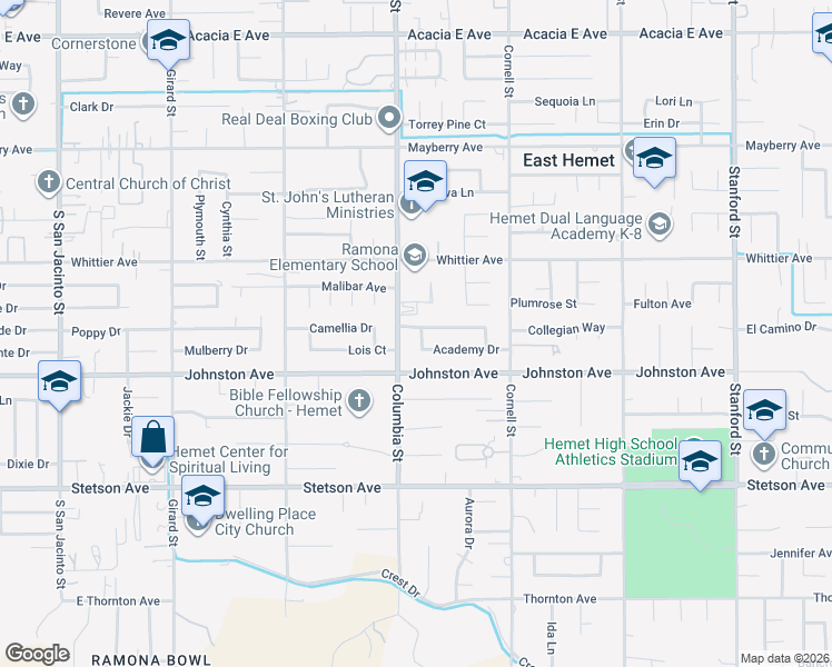 map of restaurants, bars, coffee shops, grocery stores, and more near 41043 Collegian Way in Hemet