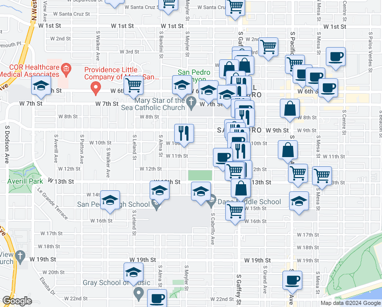map of restaurants, bars, coffee shops, grocery stores, and more near 884 West 11th Street in Los Angeles
