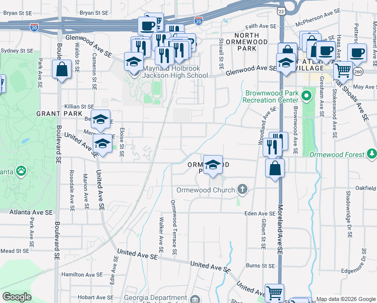 map of restaurants, bars, coffee shops, grocery stores, and more near 931 Mercer Street Southeast in Atlanta